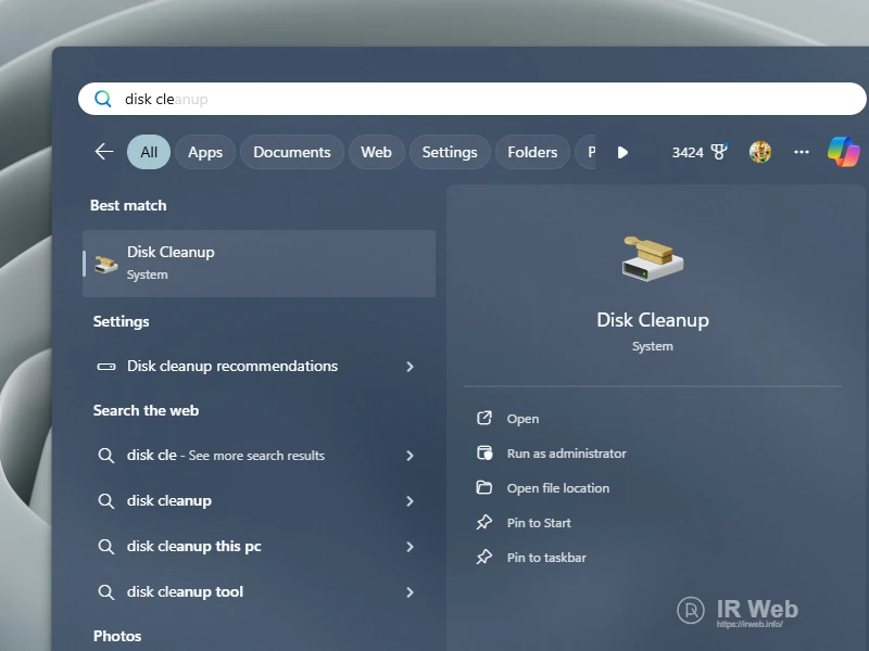 Membuka Disk Cleanup dari menu Start Windows
