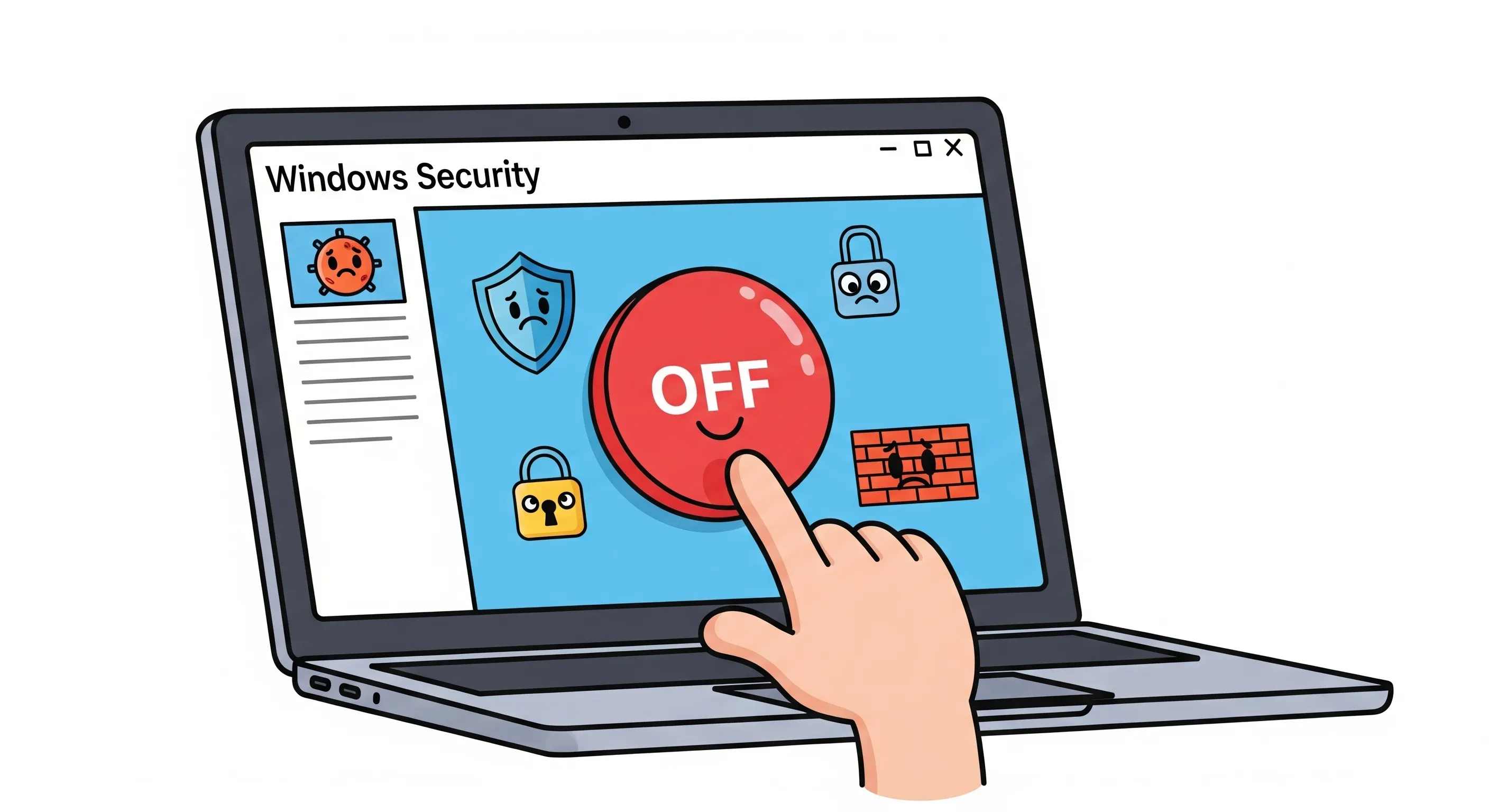 Logo Windows Security dengan tombol 'off' di layar laptop.