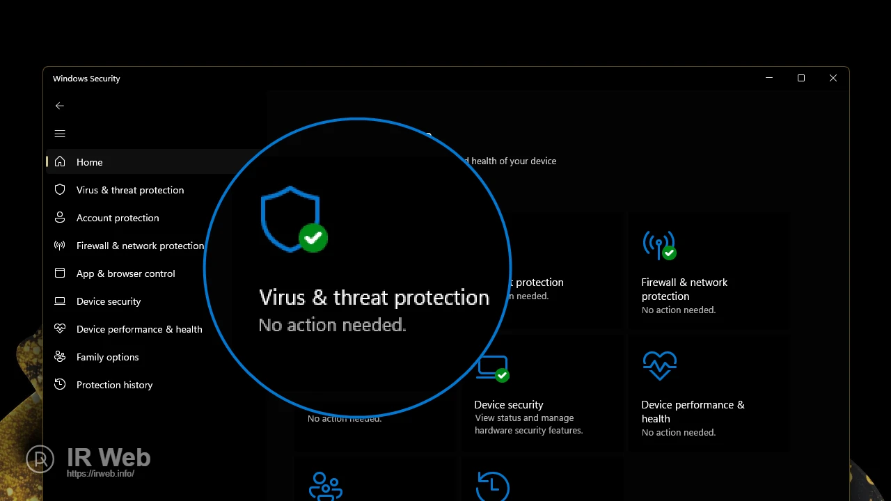 Dasbor Windows Security dengan menu 'Virus & threat protection' disorot.