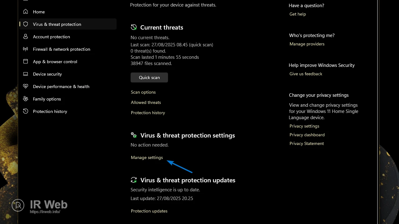 Tautan 'Manage settings' di bawah bagian 'Virus & threat protection settings'.