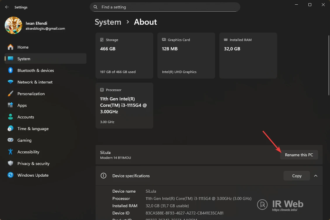 Tampilan jendela System > About dengan tombol 'Rename this PC' disorot.