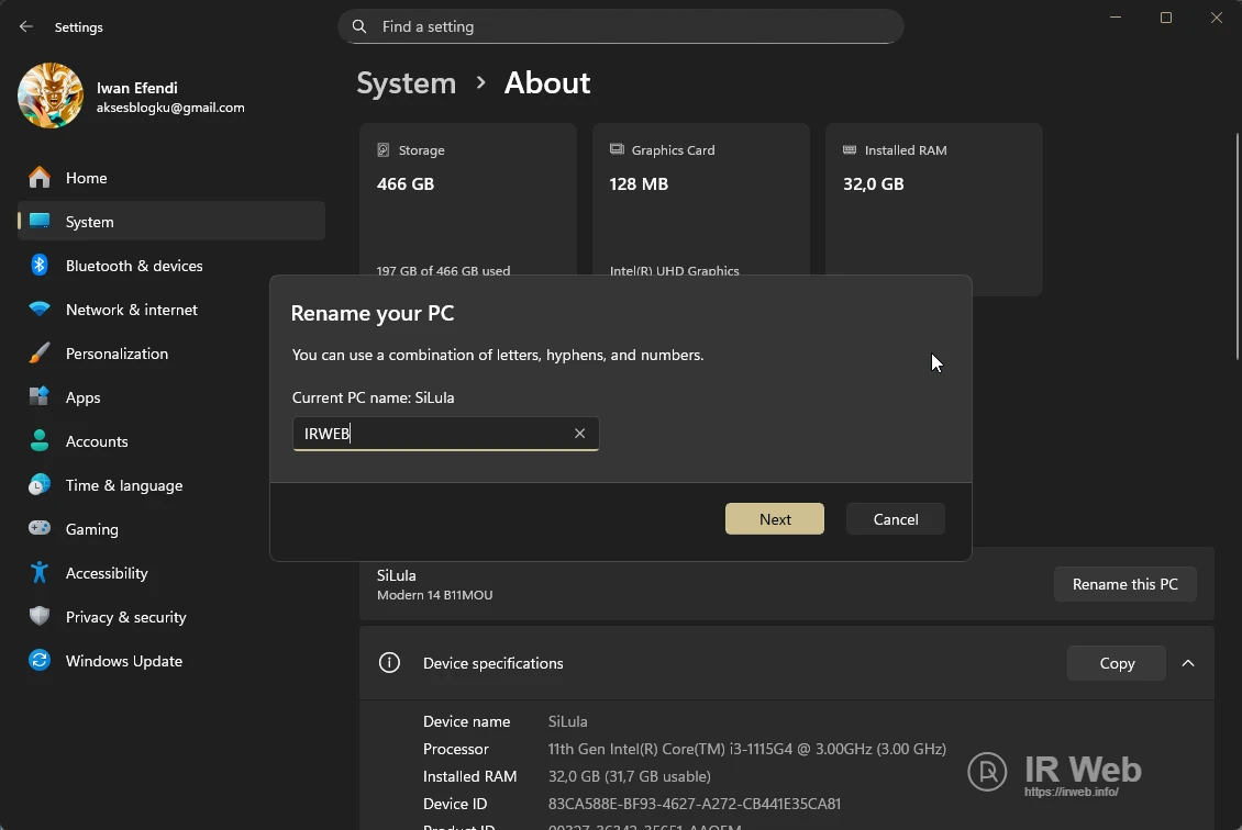 Jendela pop-up untuk memasukkan nama PC yang baru.