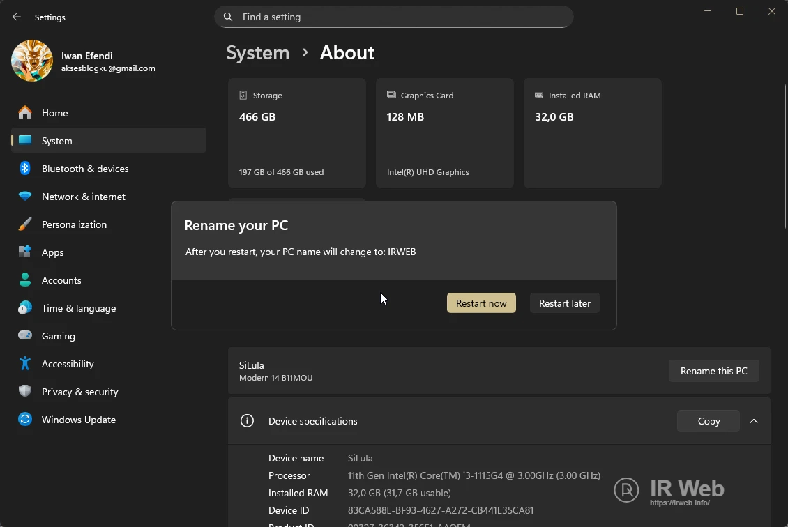 Pilihan untuk me-restart komputer sekarang atau nanti.