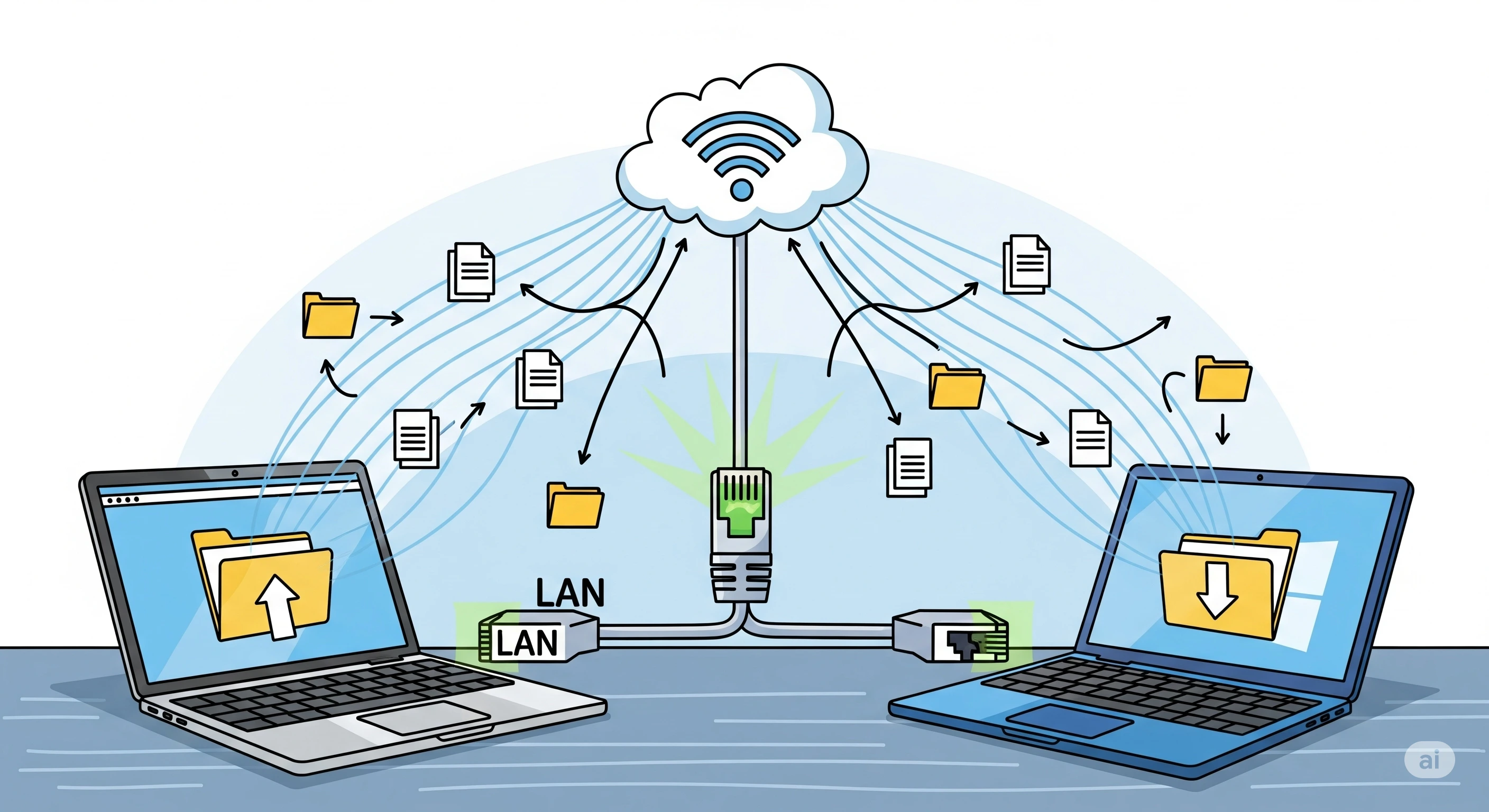 Ilustrasi dua laptop yang terhubung melalui LAN dan WiFi, menunjukkan proses berbagi folder.