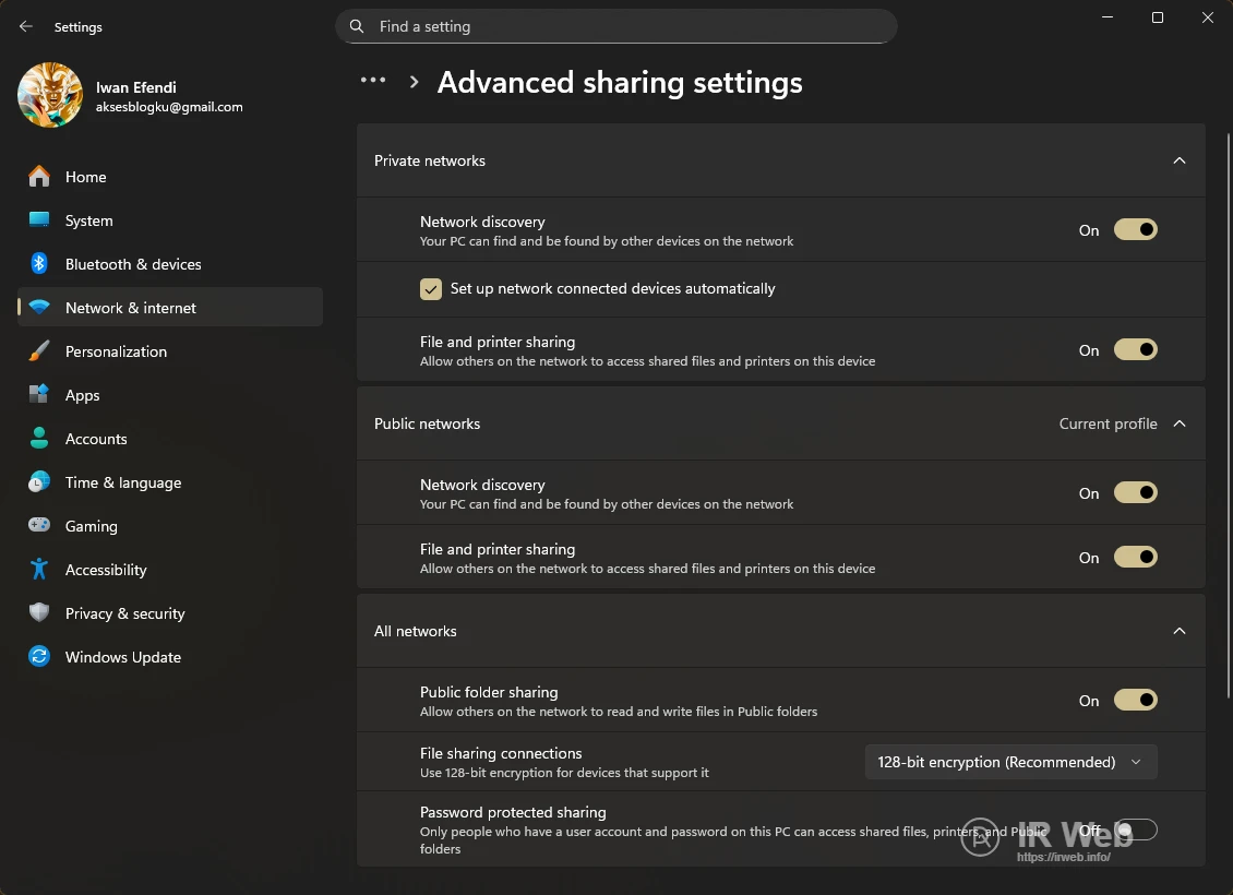 Tampilan pengaturan Advanced sharing settings di Windows 11.
