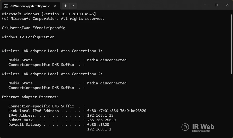 Jendela Command Prompt yang menunjukkan hasil dari perintah ipconfig.
