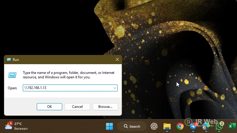 Jendela Run di Windows dengan alamat IP yang dimasukkan untuk mengakses folder jaringan.