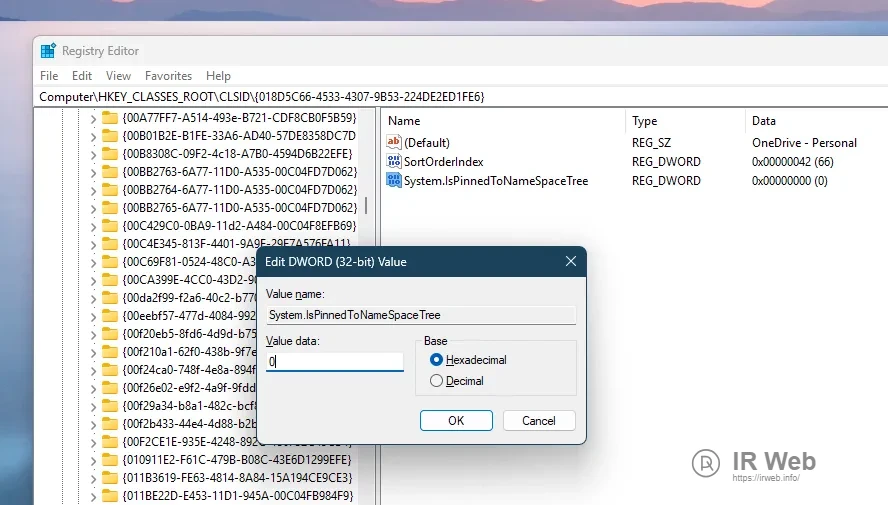Mengubah nilai data dari System.IsPinnedToNameSpaceTree menjadi 0.