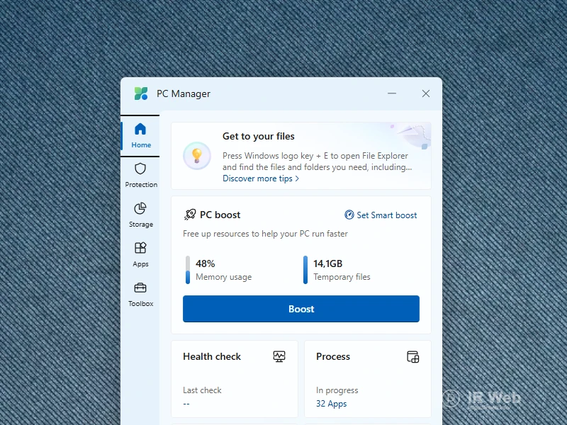 Dasbor aplikasi Microsoft PC Manager yang menunjukkan fitur 'PC Boost' dan 'Health check'.