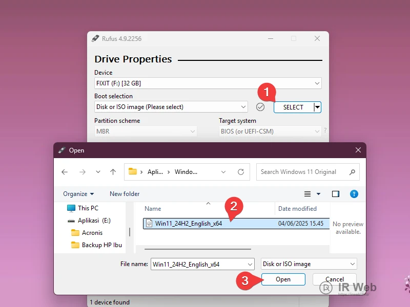 Memilih file ISO Windows 11 di Rufus