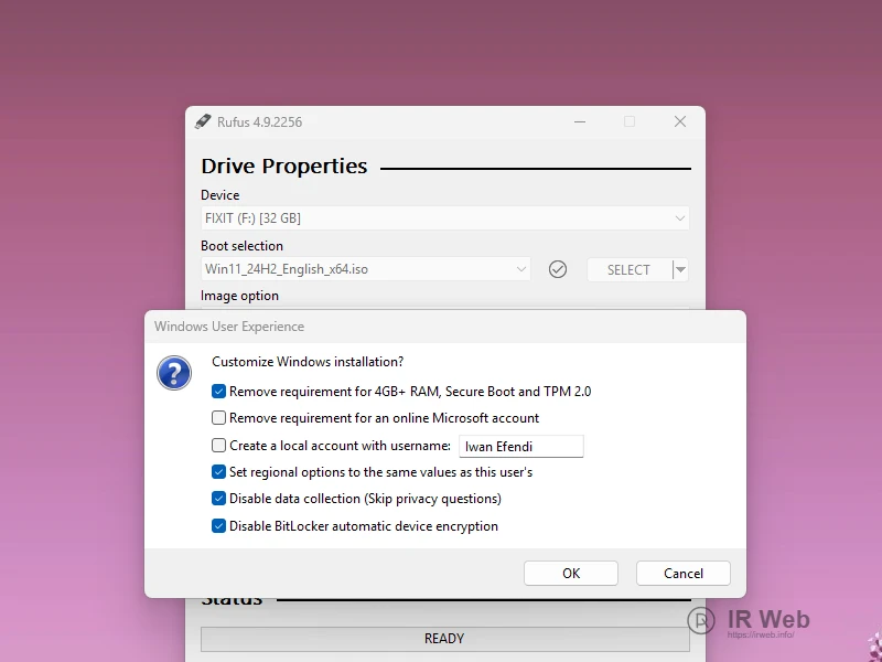 Jendela kustomisasi Windows di Rufus untuk bypass TPM 2.0