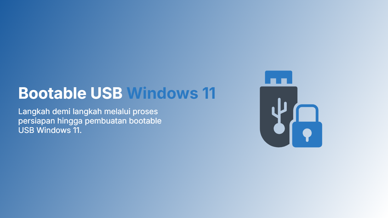 Logo Rufus di samping logo Windows 11 dengan latar belakang USB flashdisk.