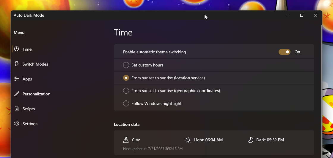 Tampilan antarmuka aplikasi Auto Dark Mode di Windows 11