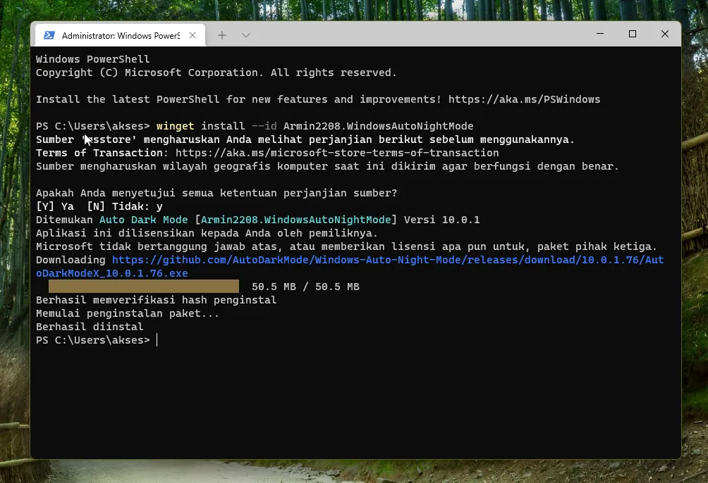 Proses instalasi Auto Dark Mode via winget di PowerShell
