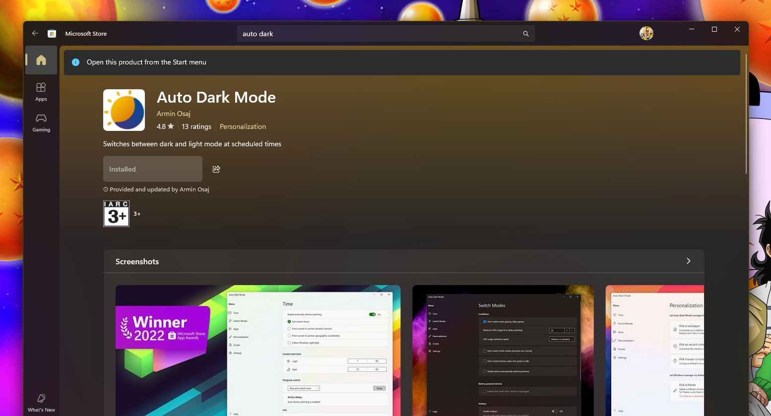 Pasang Auto Dark Mode via winget di Microsoft Store