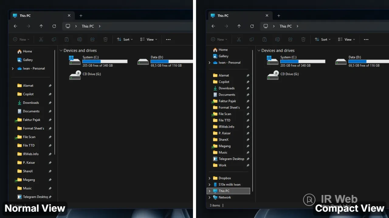 Tampilan File Explorer sebelum dan sesudah diaktifkan mode ringkas.