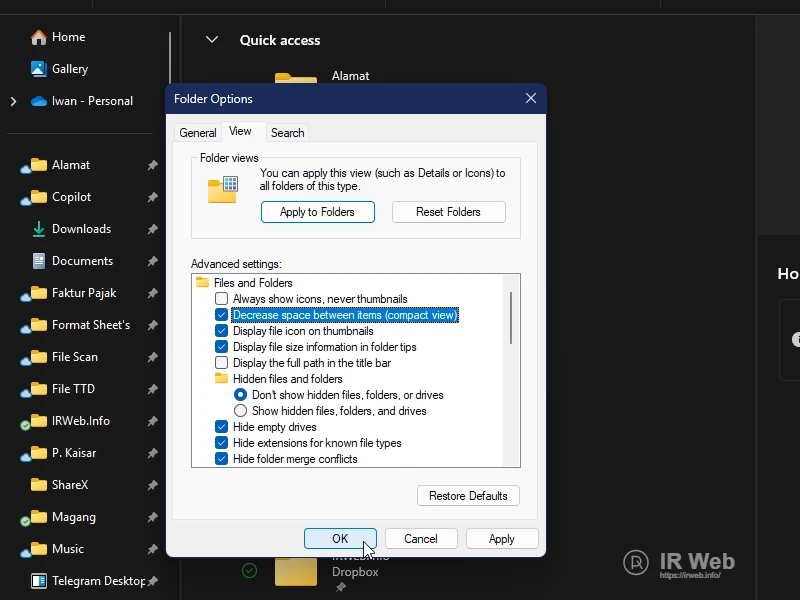 Jendela Folder Options dengan pengaturan 'Decrease space between items (compact view)' yang disorot.