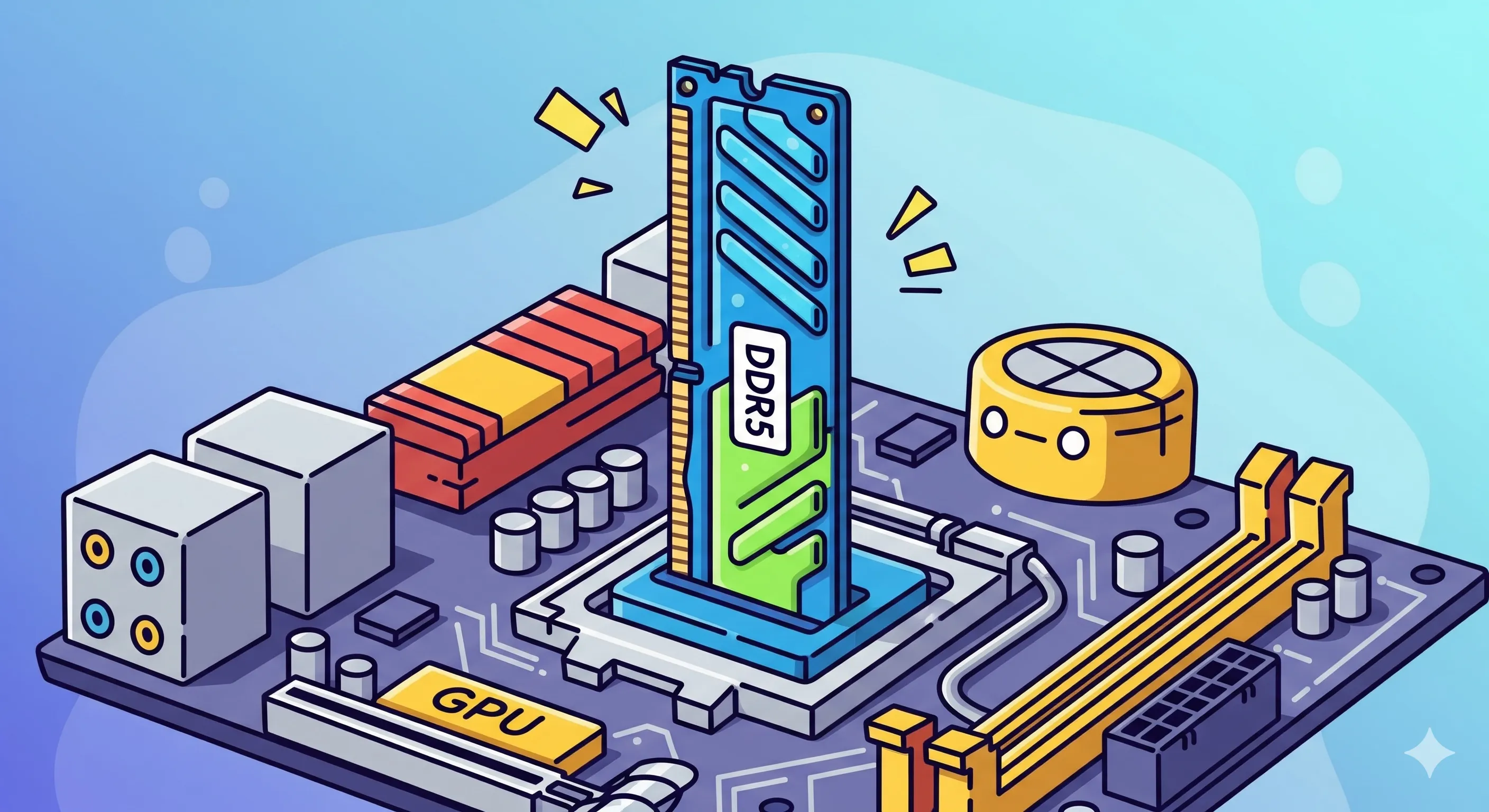 Ilustrasi RAM DDR5 di atas motherboard modern.