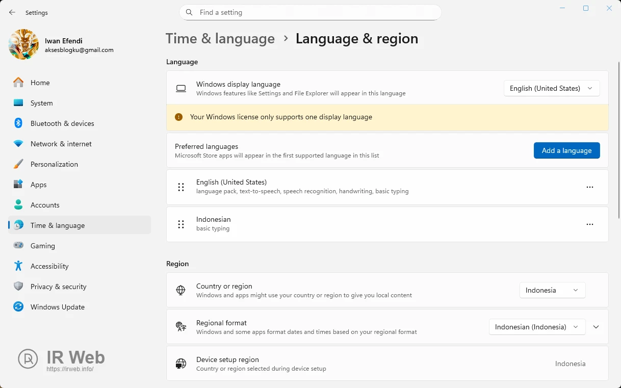 Tangkapan layar pengaturan Language & region di Windows 11 yang menyorot opsi 'Regional format'.