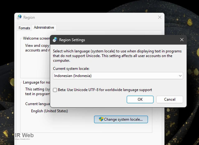 Tangkapan layar jendela 'Change system locale' di Control Panel.