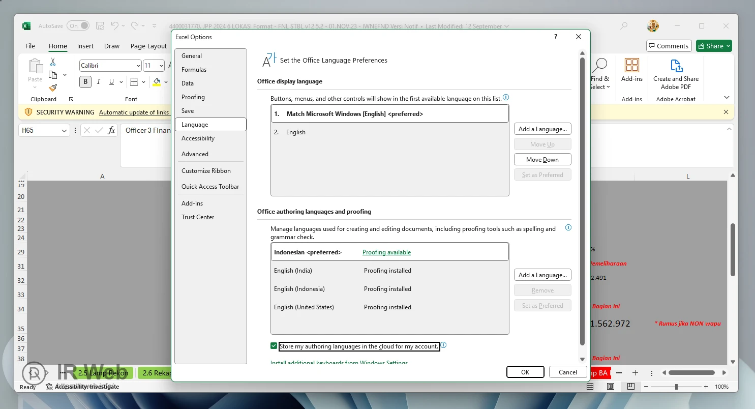 Pengaturan bahasa penulisan di Microsoft Office.