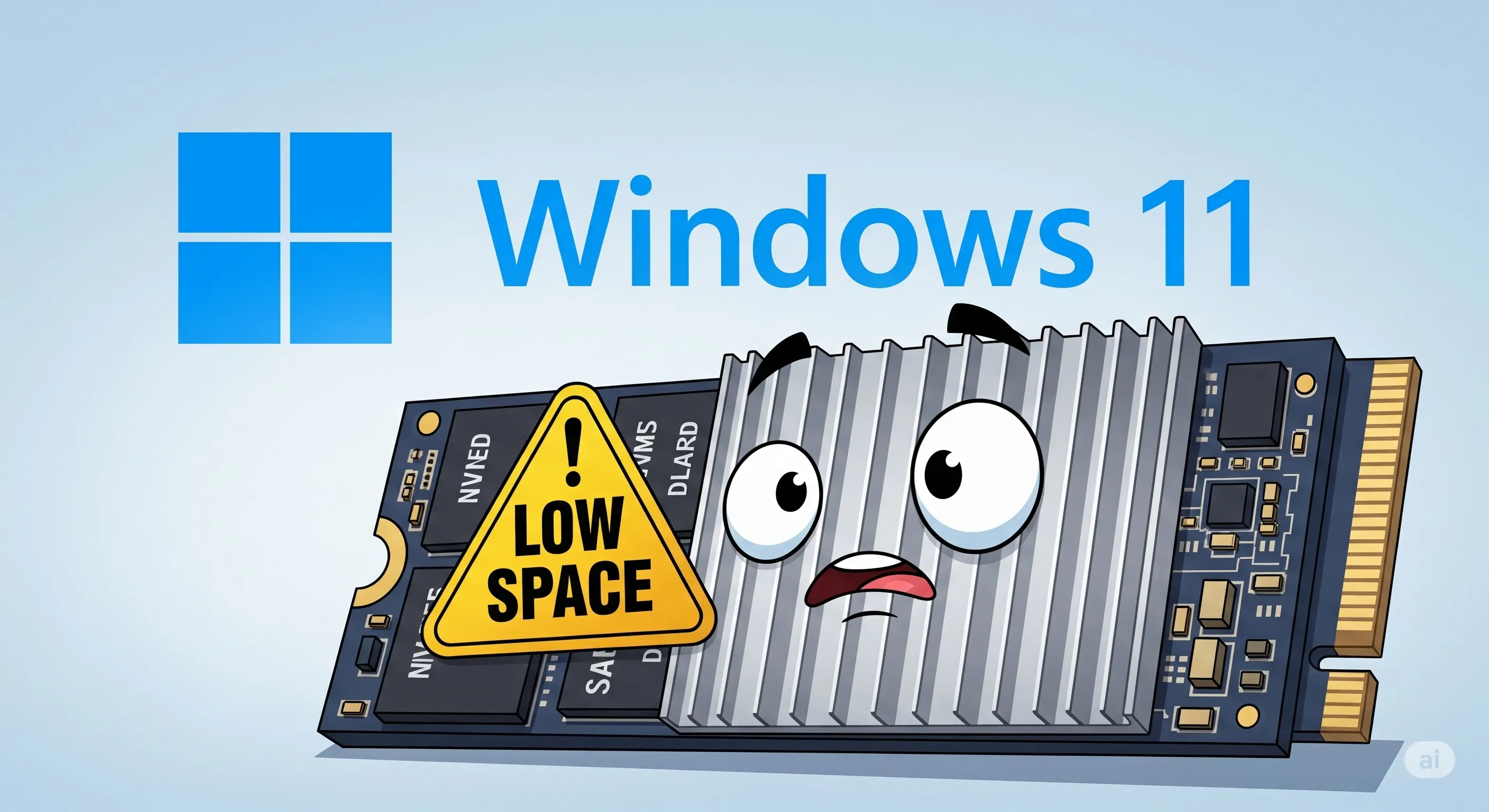Ilustrasi SSD NVMe dengan tanda peringatan dan logo Windows 11.