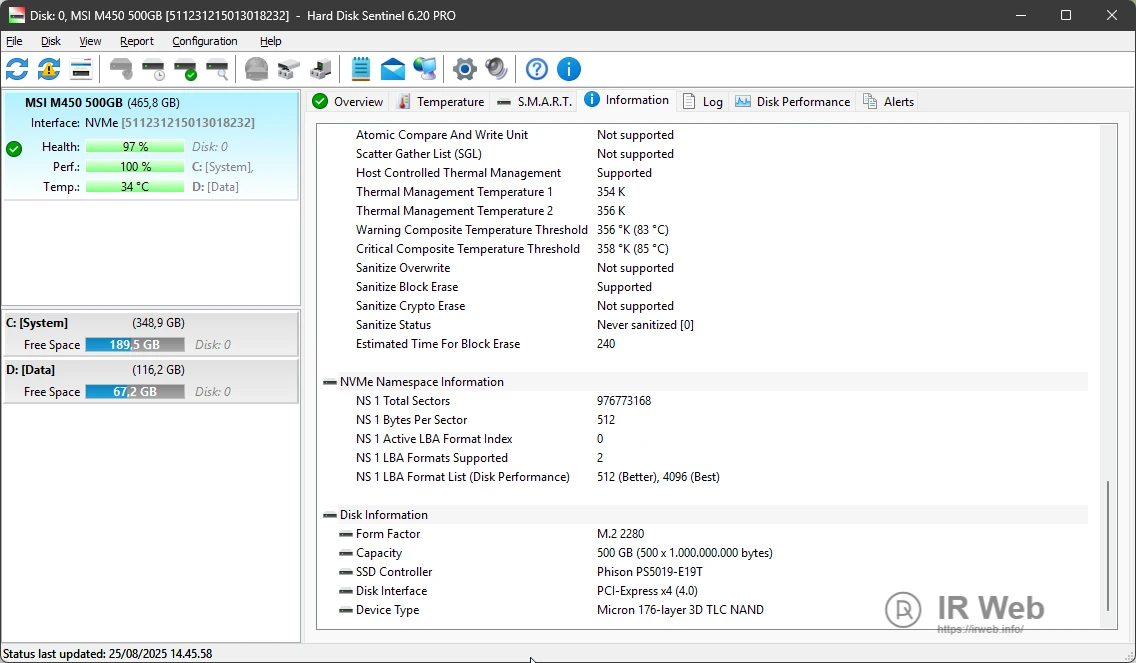 Tangkapan layar Hard Disk Sentinel yang menunjukkan informasi detail SSD di laptop saya.